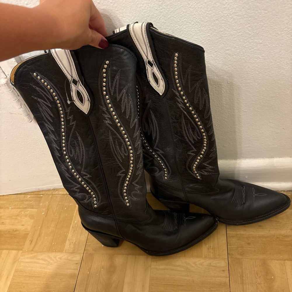 Wide Calf Black Western Cowboy Boots with Studded Design